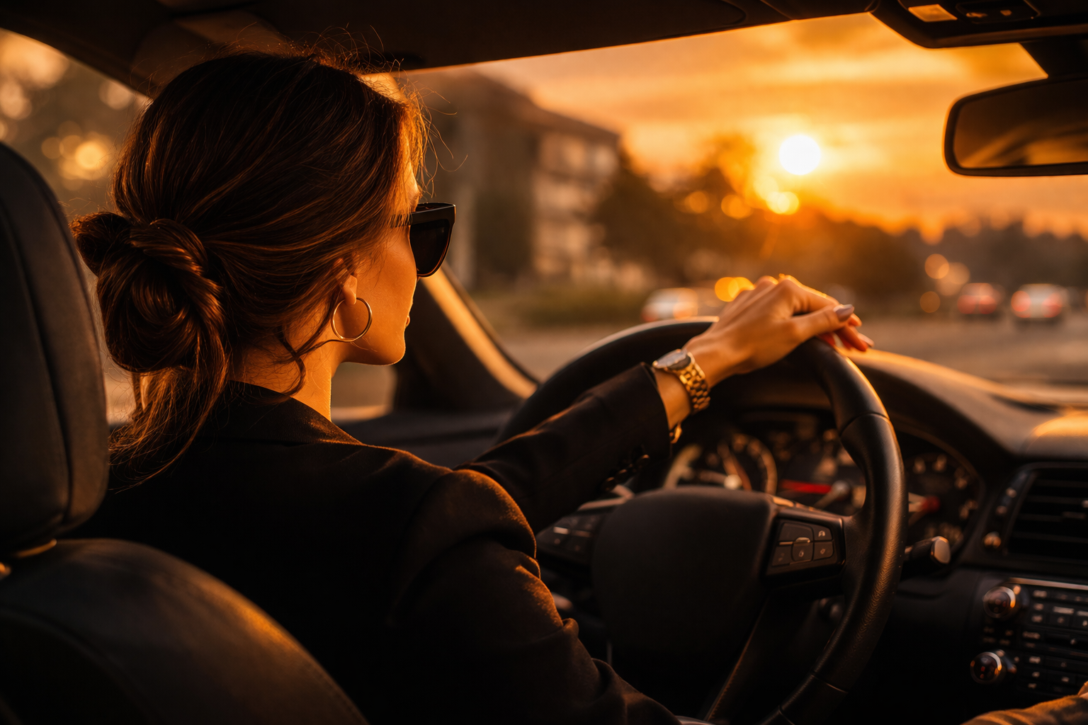 Mulher confiante ao volante ao pôr do sol