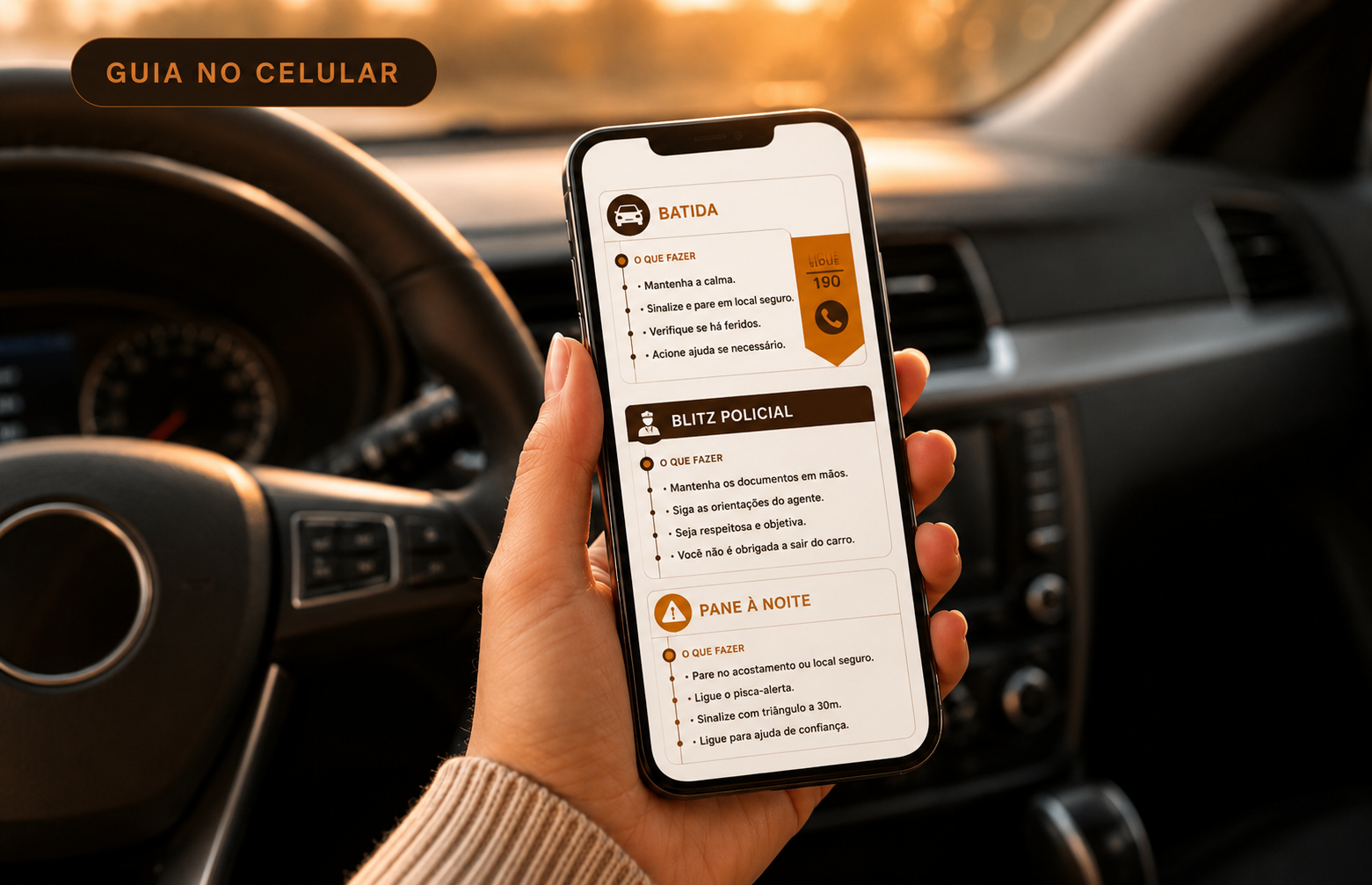 Guia no celular Dona do Volante aberto no carro